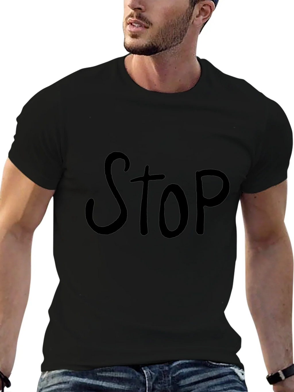 Black T-Shirt with Bold STOP Graphic