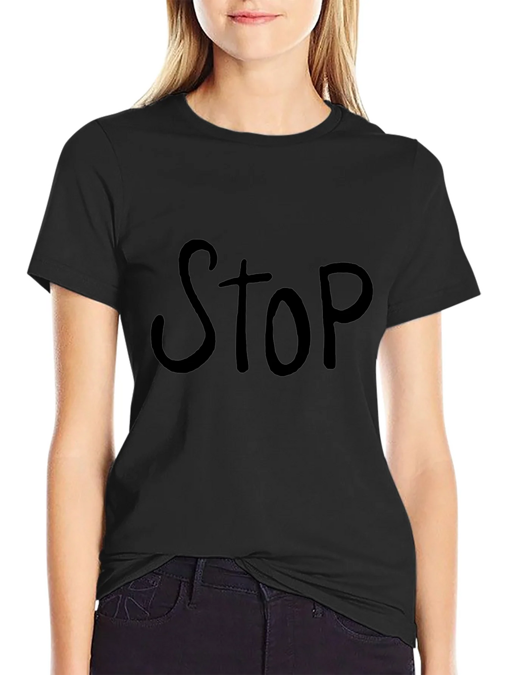 Black T-Shirt with Bold STOP Graphic