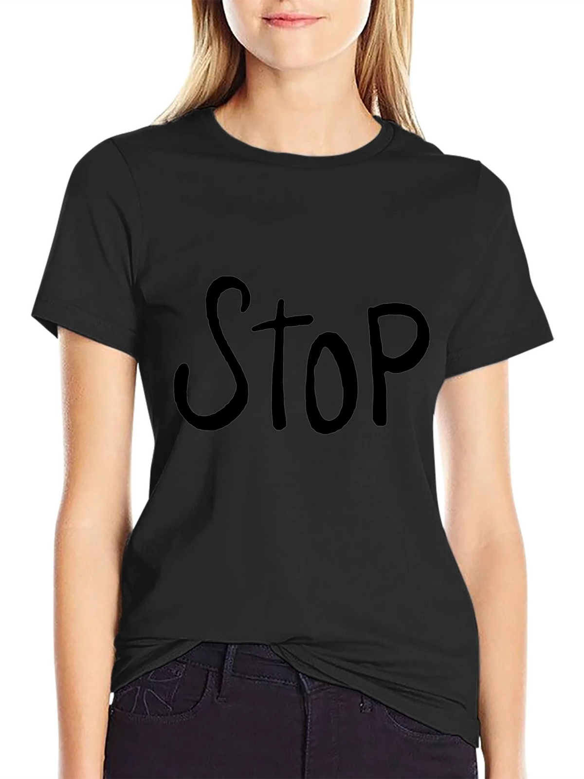 Black T-Shirt with Bold STOP Graphic
