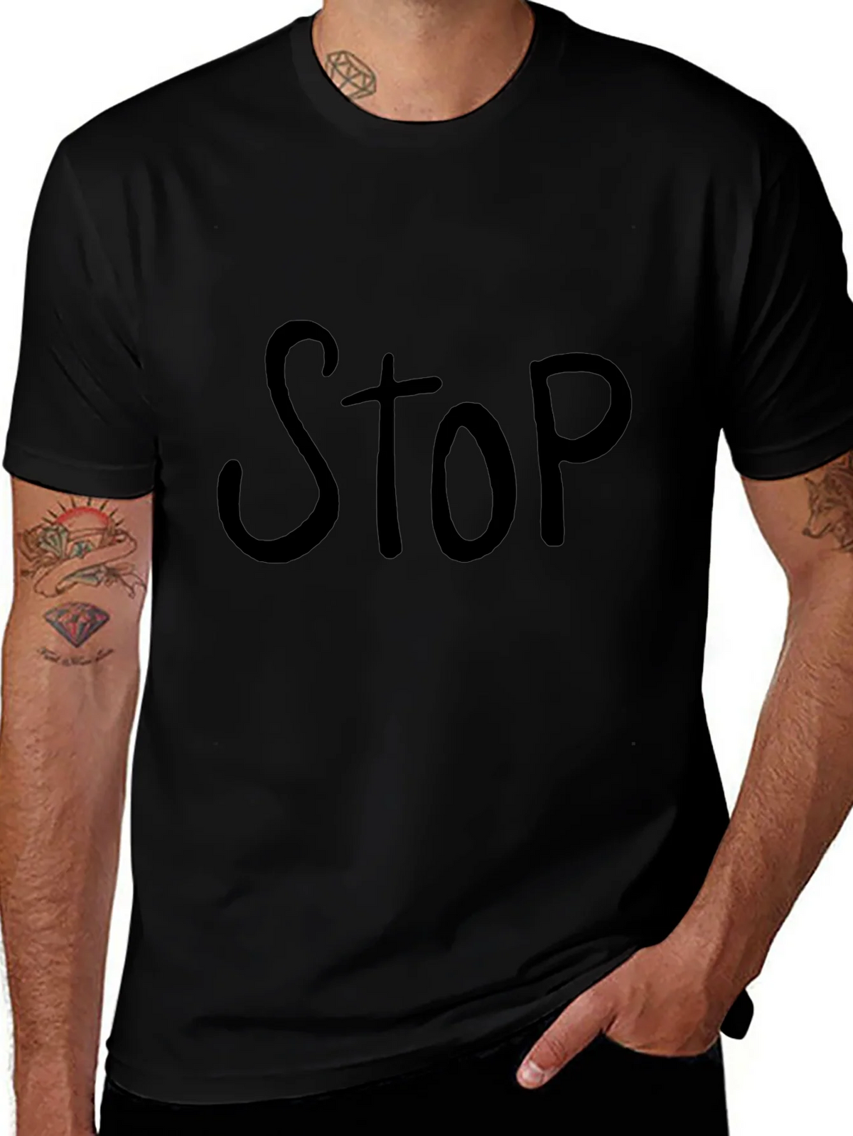 Black T-Shirt with Bold STOP Graphic