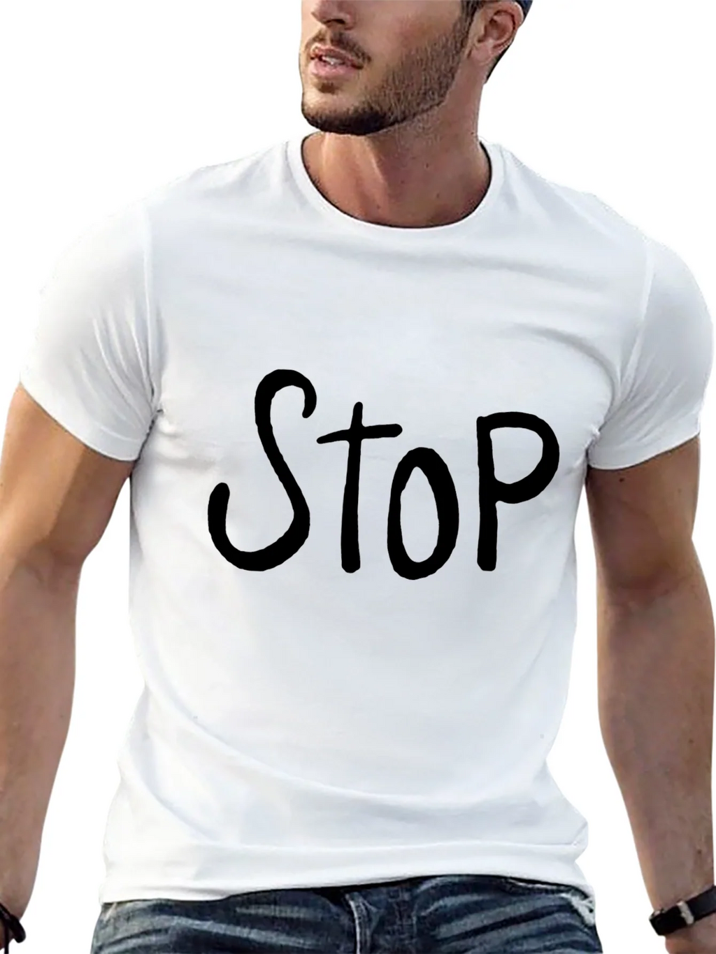 Black T-Shirt with Bold STOP Graphic