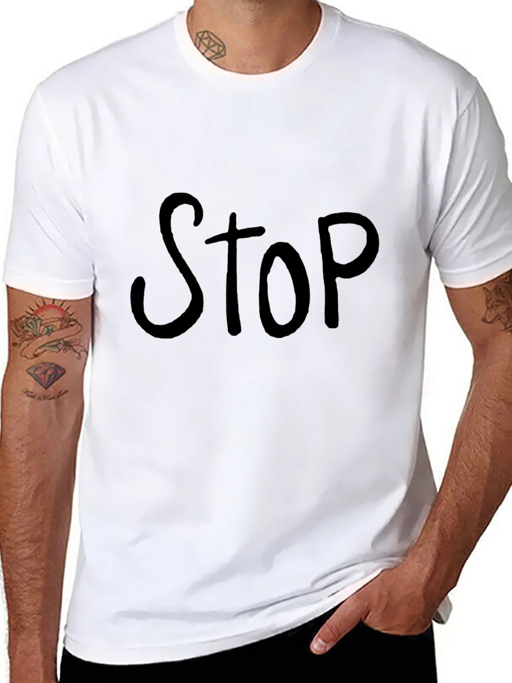 Black T-Shirt with Bold STOP Graphic