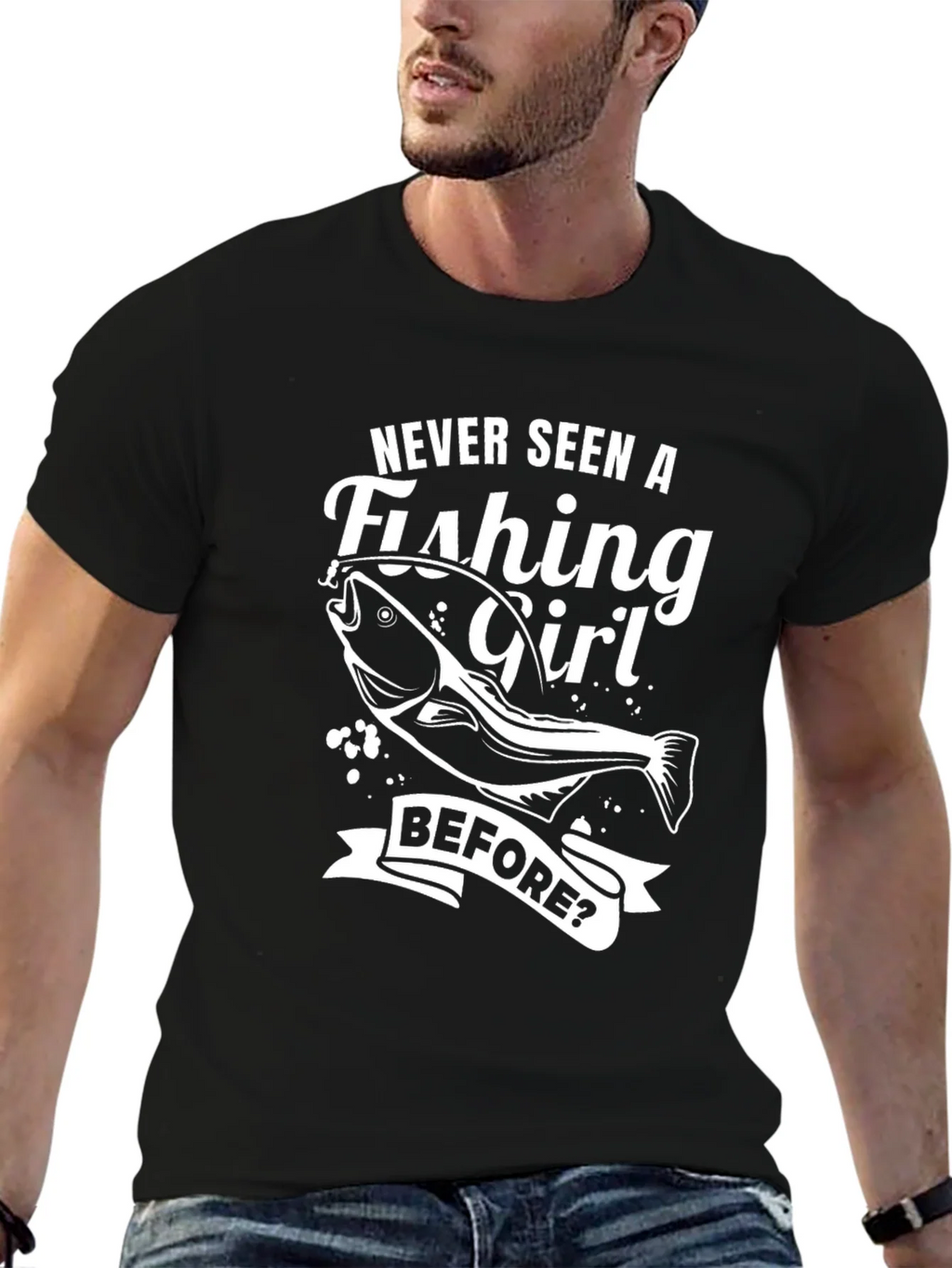 Fishing Girl Graphic Tee - Novelty Black T-Shirt