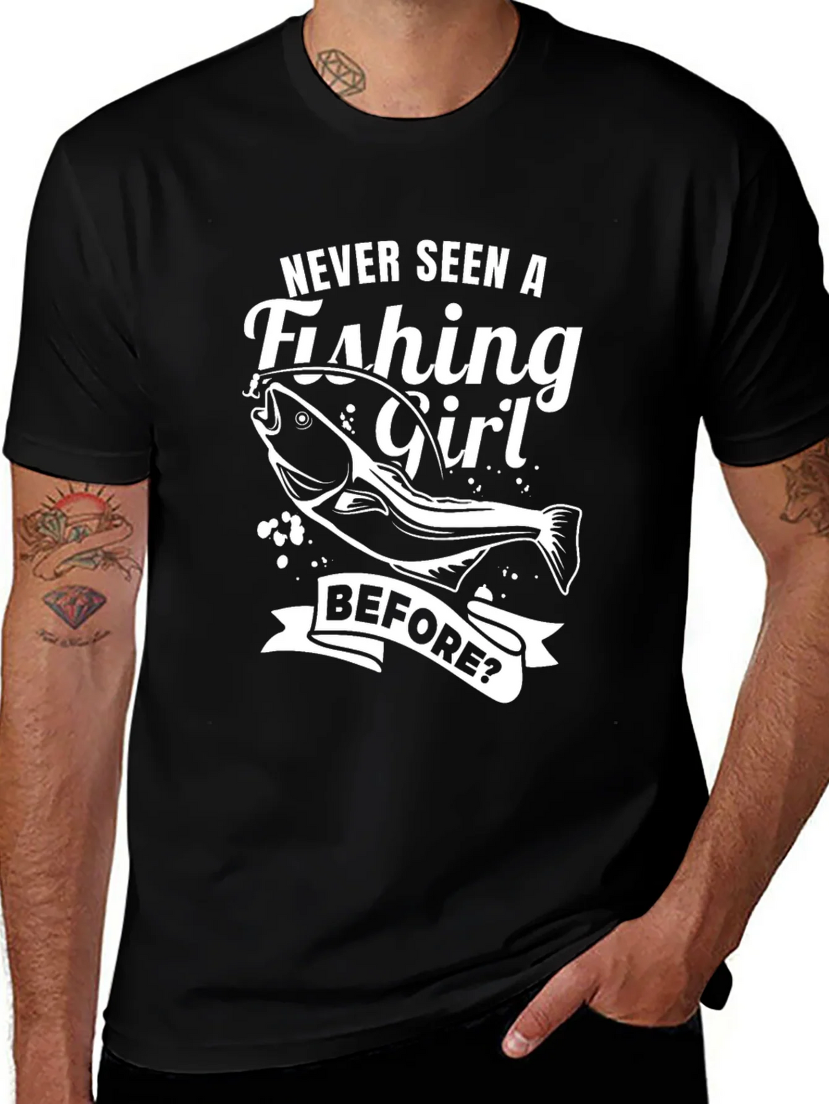 Fishing Girl Graphic Tee - Novelty Black T-Shirt
