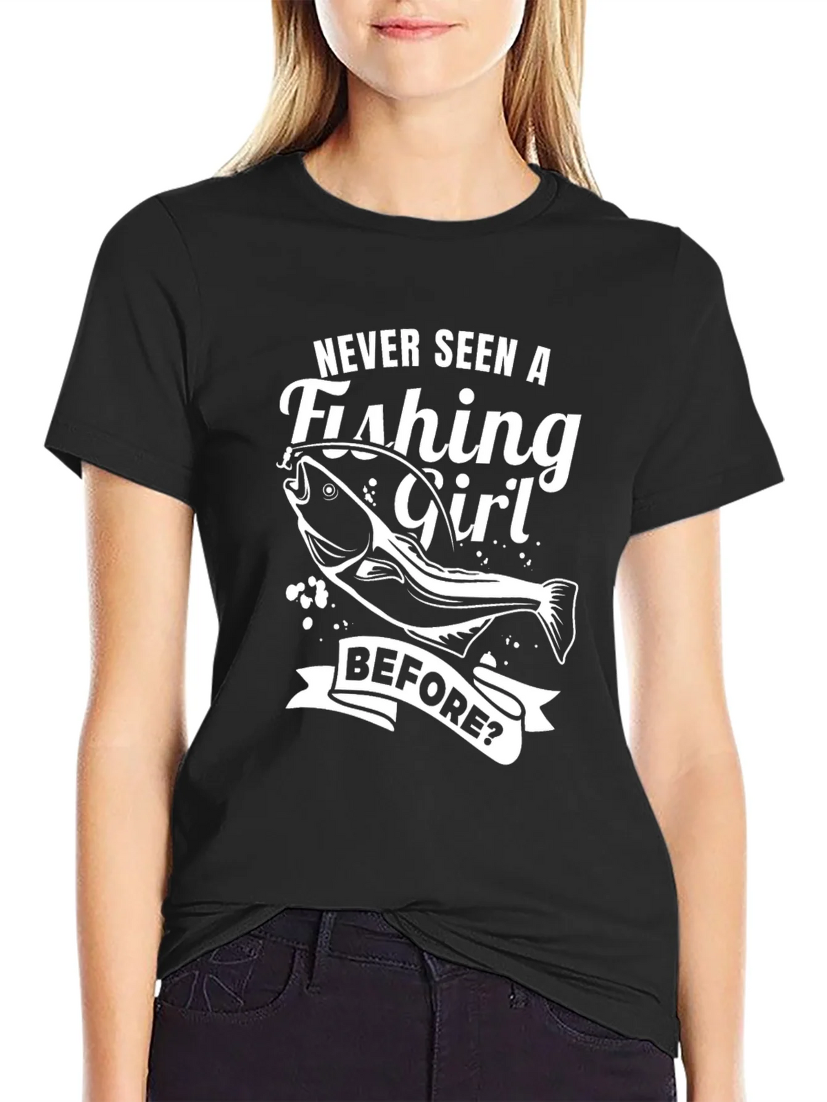Fishing Girl Graphic Tee - Novelty Black T-Shirt