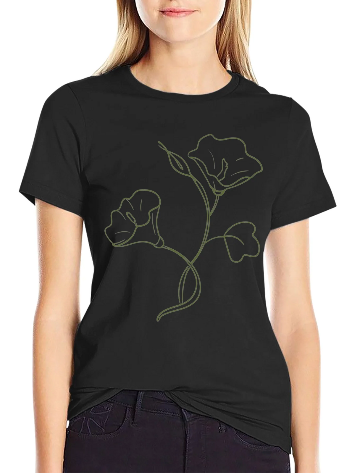 Minimalist Floral Line Art T-Shirt - Black
