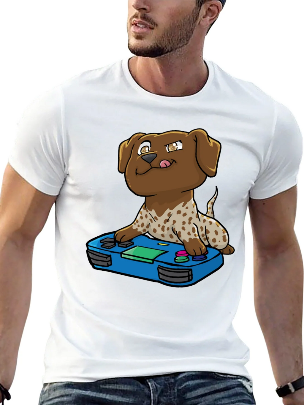 Gamer Dog Graphic Tee - Cartoon Puppy Controller Design