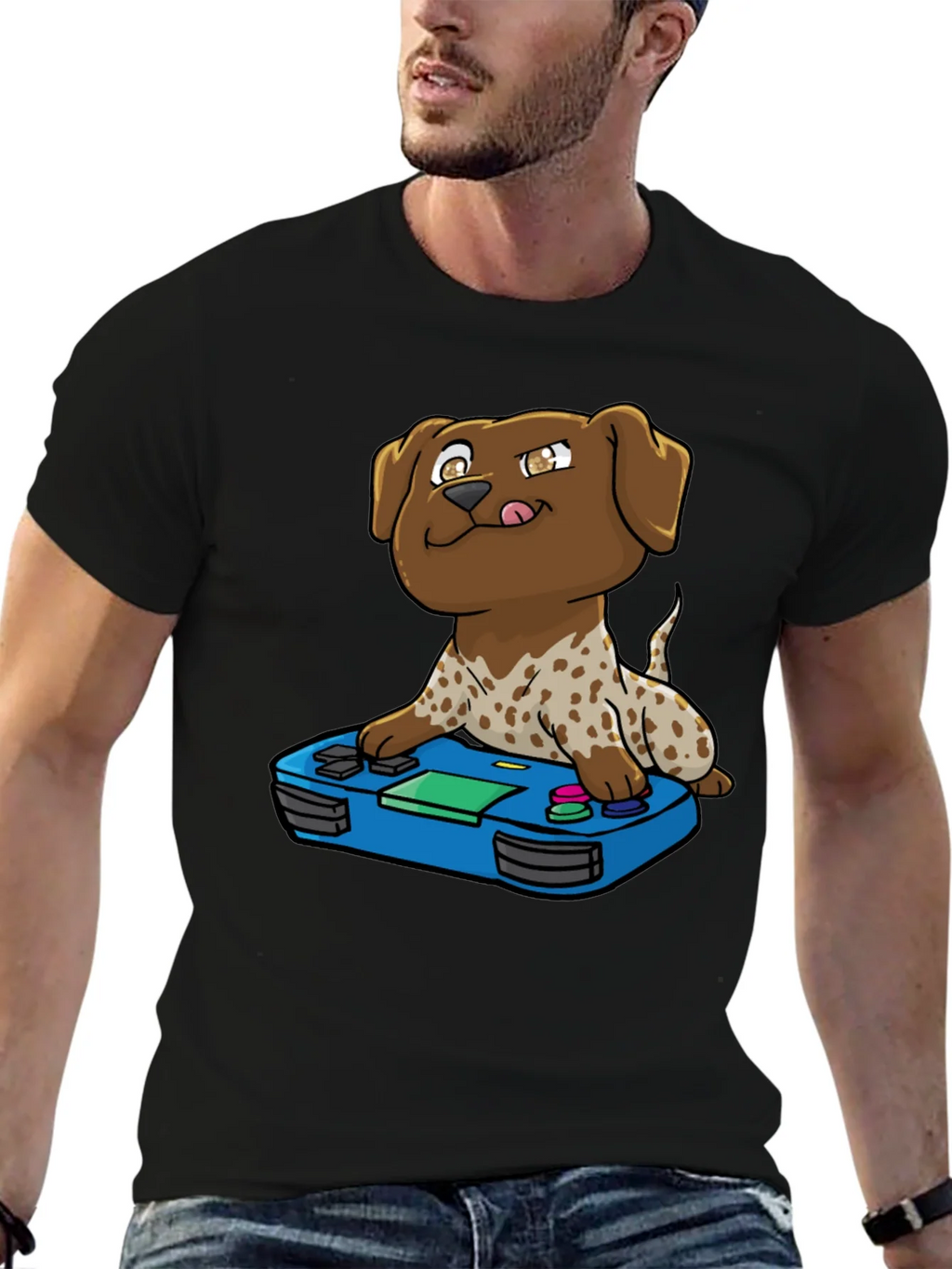Gamer Dog Graphic Tee - Cartoon Puppy Controller Design