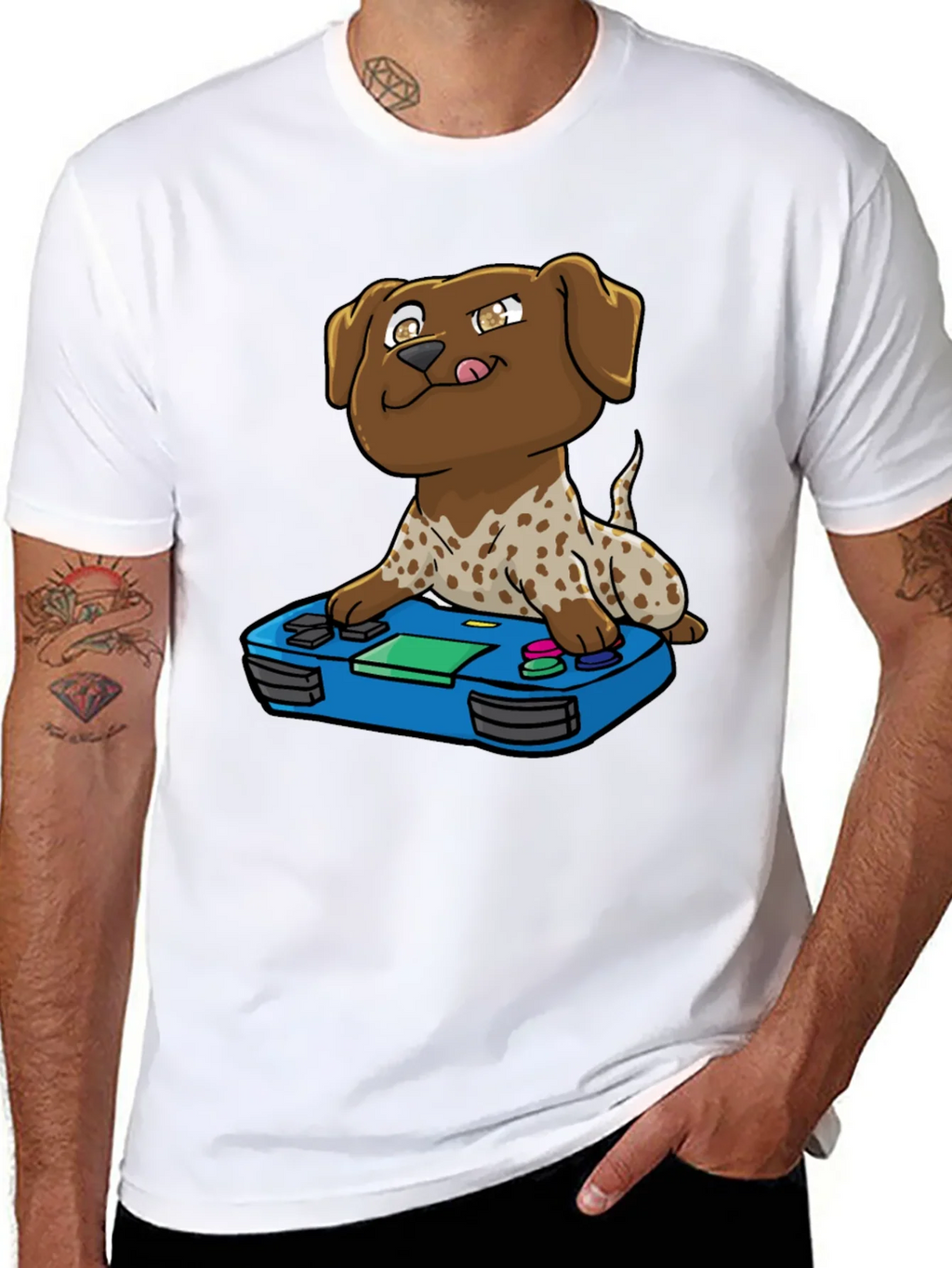 Gamer Dog Graphic Tee - Cartoon Puppy Controller Design