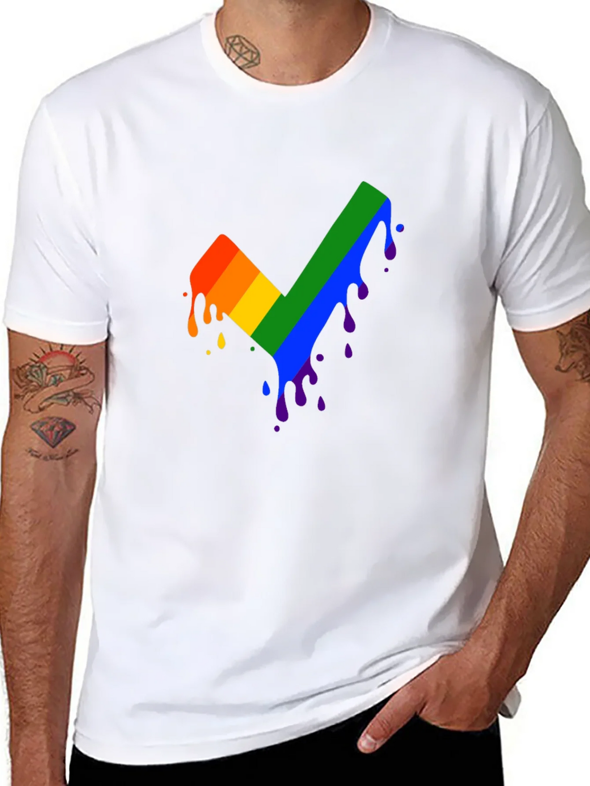 Rainbow Dripping Checkmark Black T-Shirt