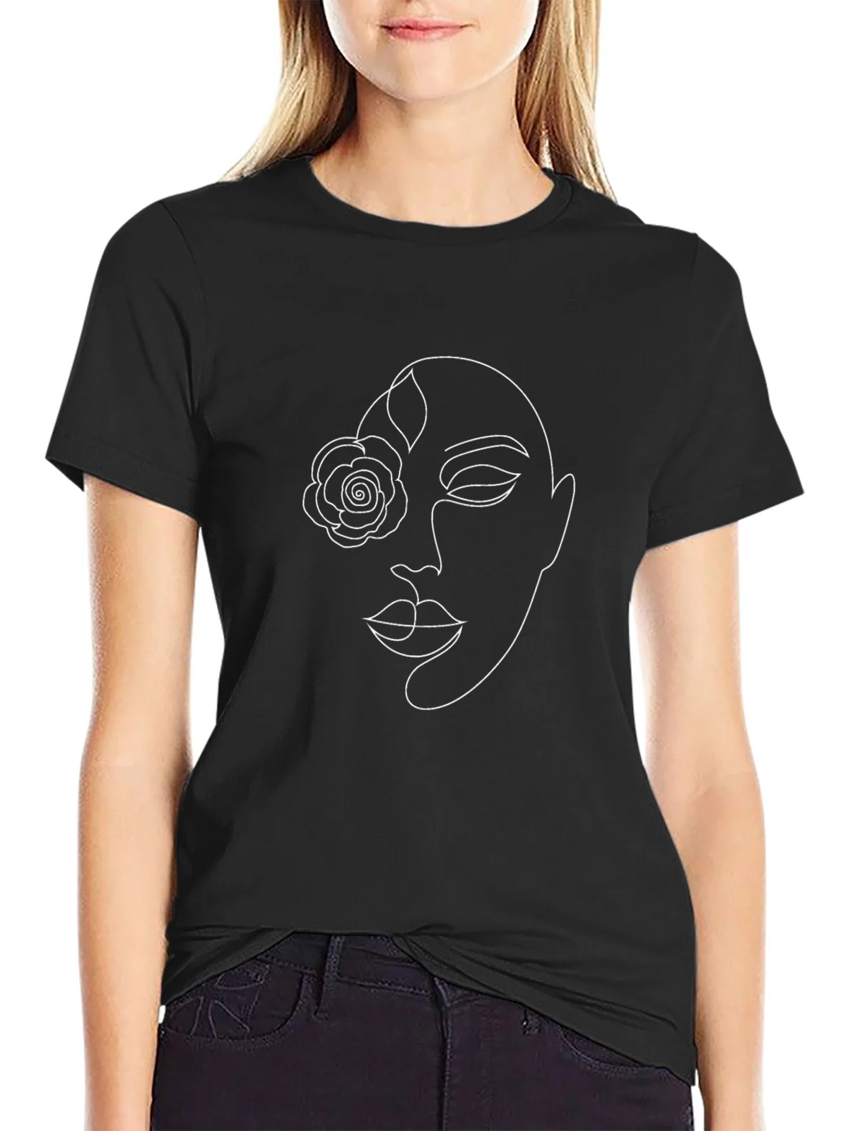 Abstract Face Line Art Graphic Tee - Black