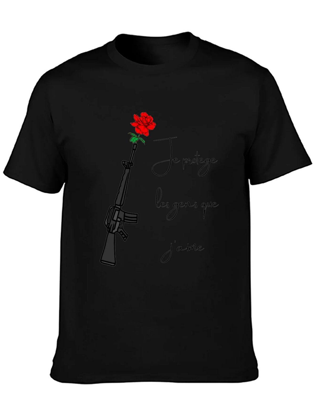 Protective Rose Gun T-Shirt - Je Prot��ge Les Gens Que Jaime