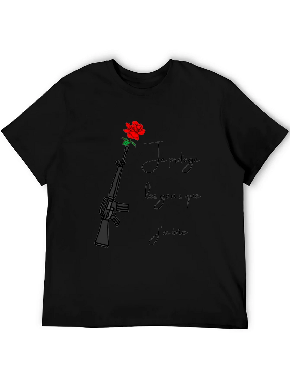 Protective Rose Gun T-Shirt - Je Prot��ge Les Gens Que Jaime