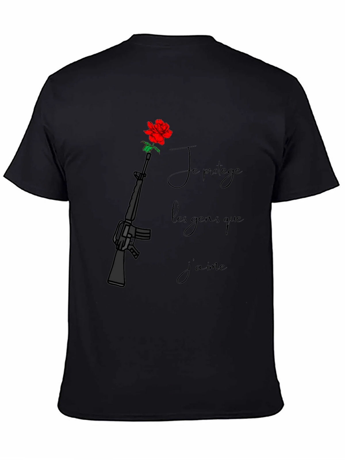Protective Rose Gun T-Shirt - Je Prot��ge Les Gens Que Jaime