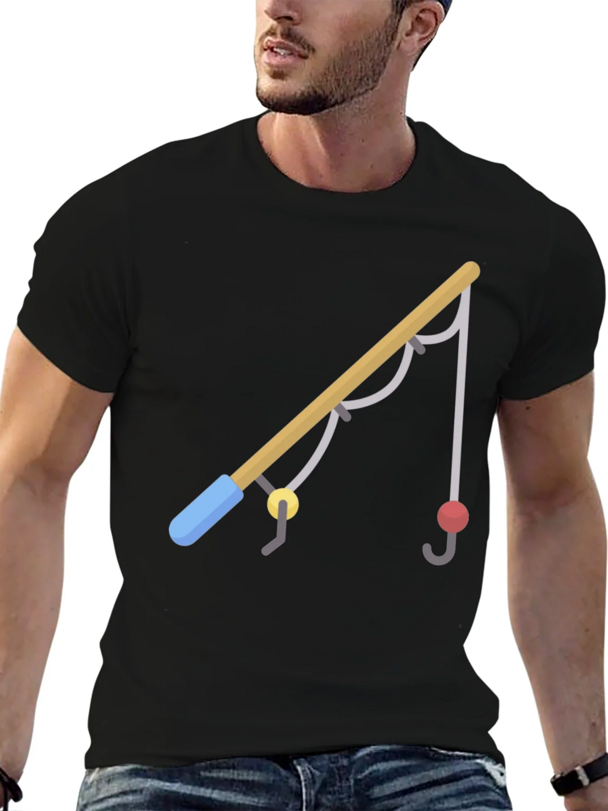 Fishing Rod Graphic Tee - Casual Black T-Shirt