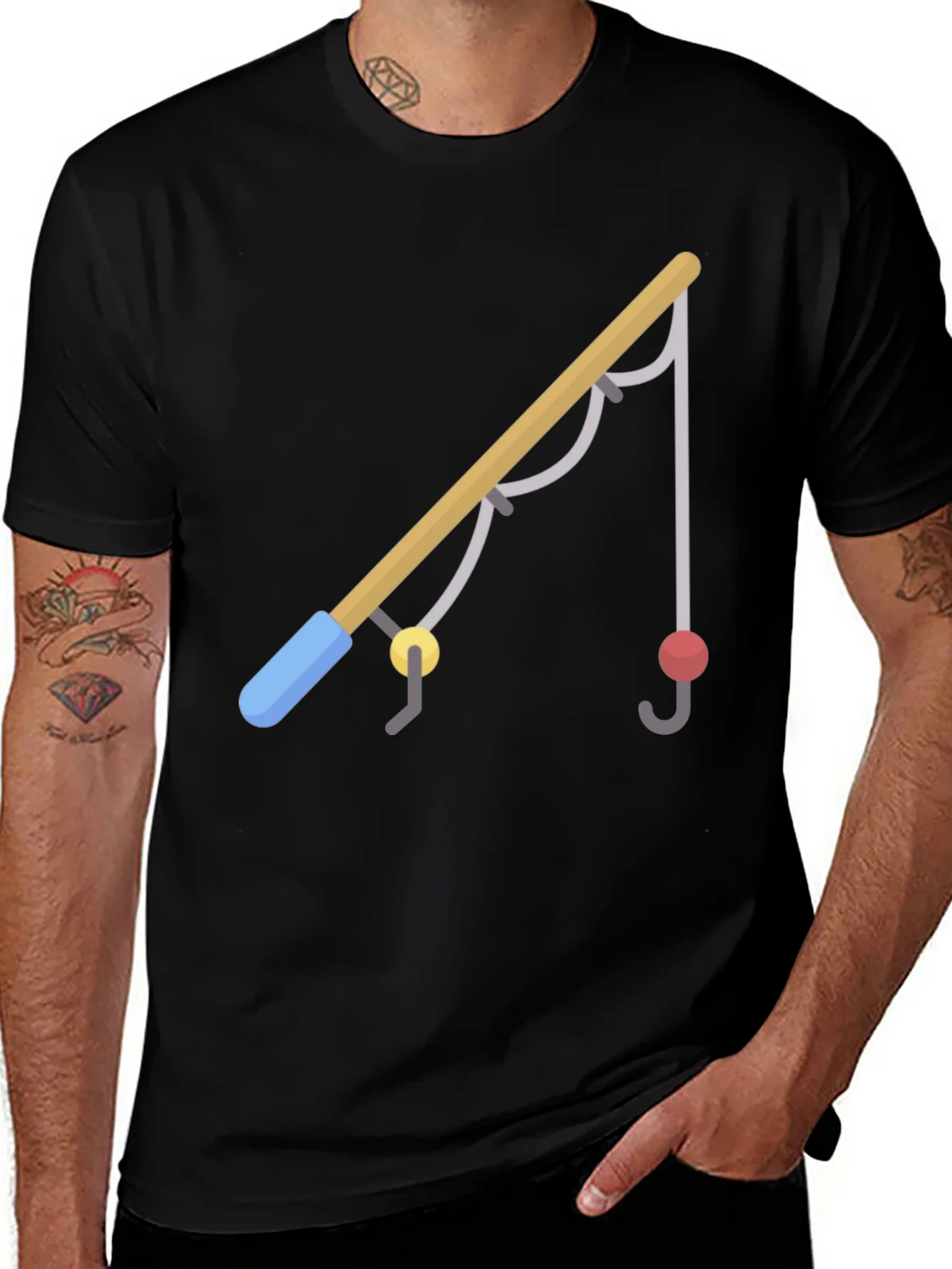 Fishing Rod Graphic Tee - Casual Black T-Shirt